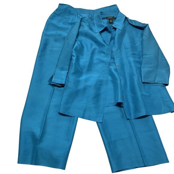 Lauren Ralph Lauren Pant sz 14 Top Sz 12 Two Piece Set 100% Silk Blue - Picture 1 of 6